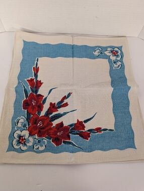 Vintage Floral Linen Napkin with Red Gladiolus and Blue Border Set Of 3